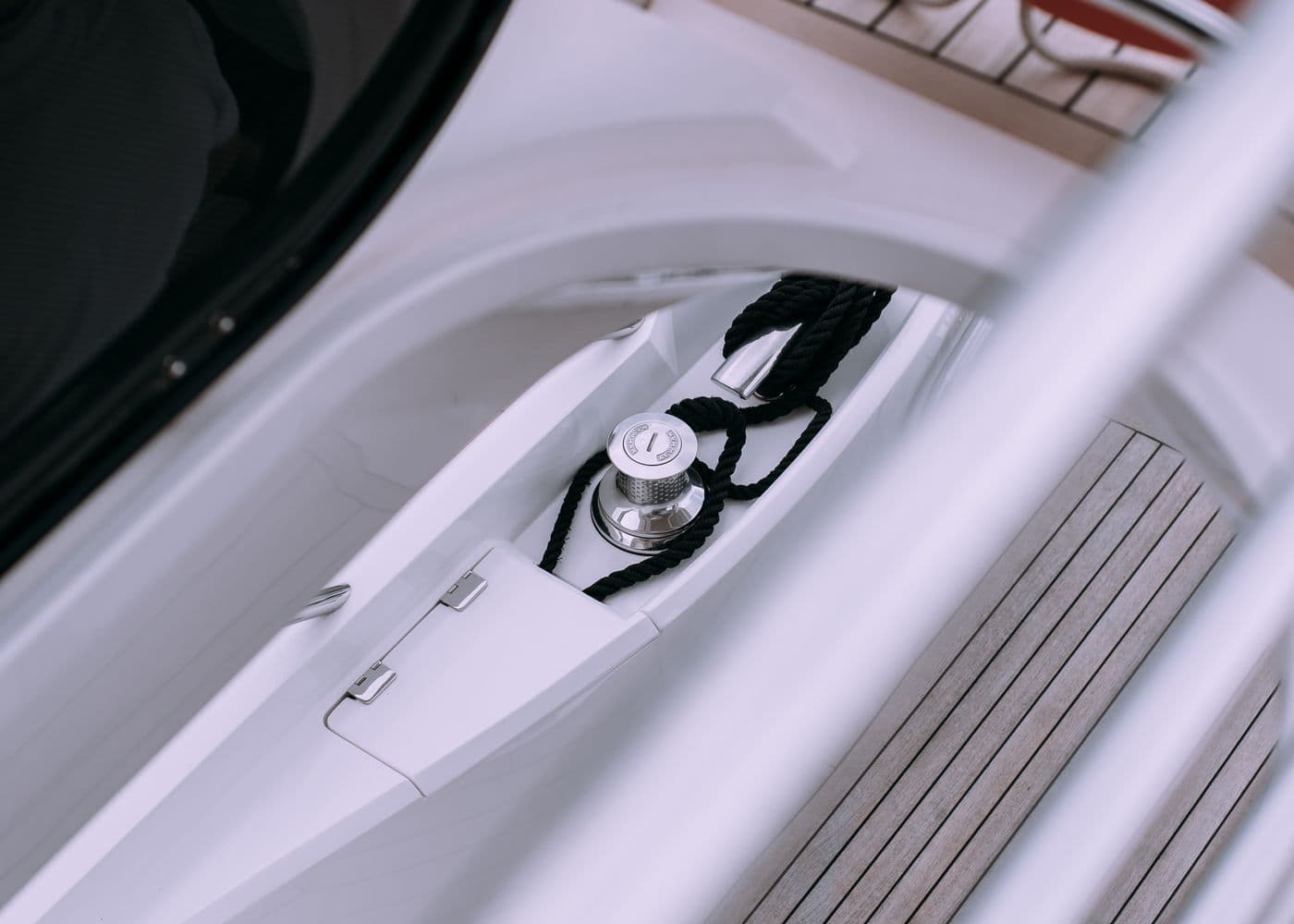 Polished stainless deck hardware on a maintained vessel
